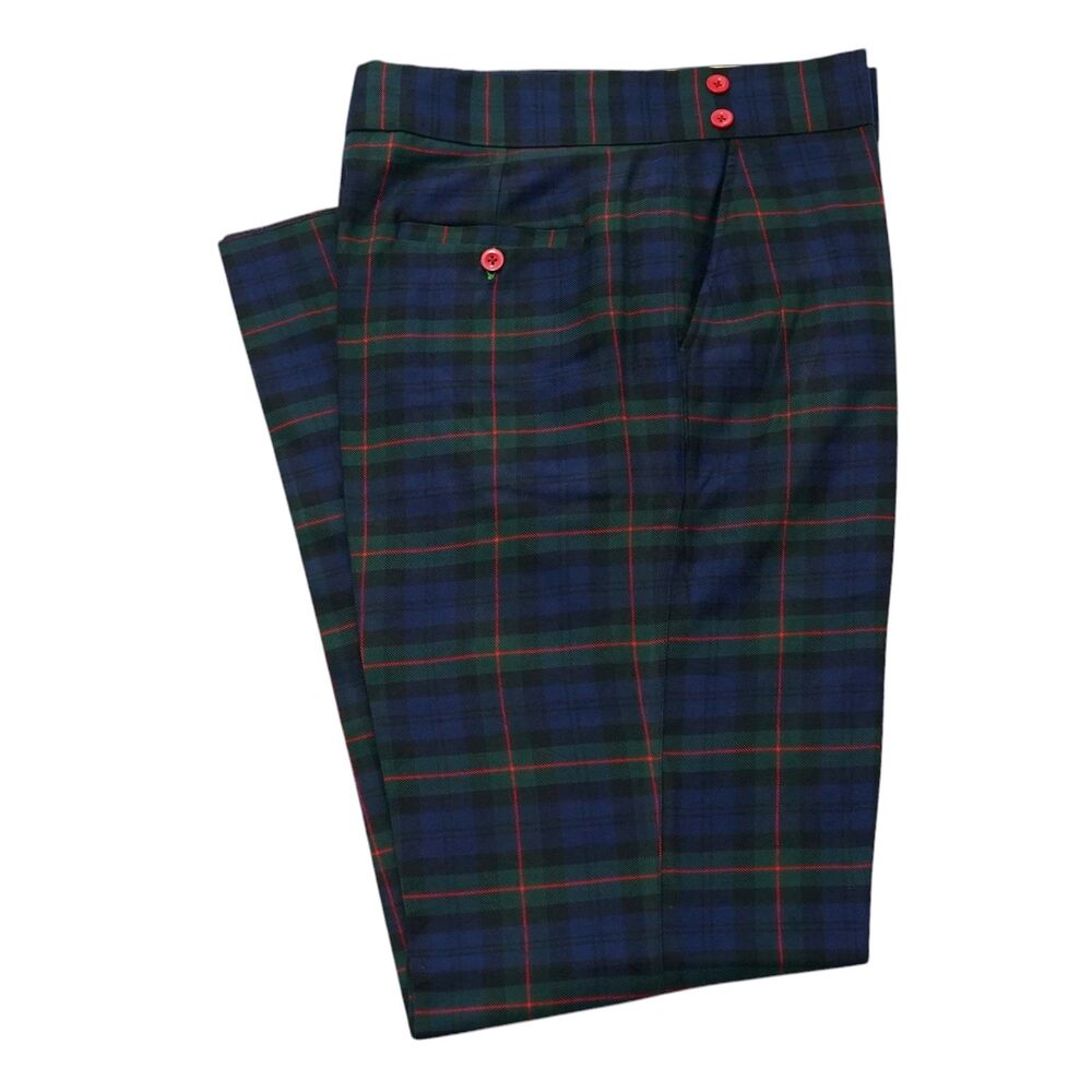 Mens 32 Gurkha Pants Wool Tartan Plaid Blue Green Red High Waist Flat Front